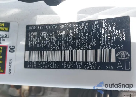 2015 Toyota Corolla Le from USA, damaged, VIN 2T1BURHE8FC404776